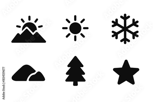 Sunrise Frost Icons. Sunrise over frost peaks. Filled icon set of Sunrise over frost peaks: mountain, sun,