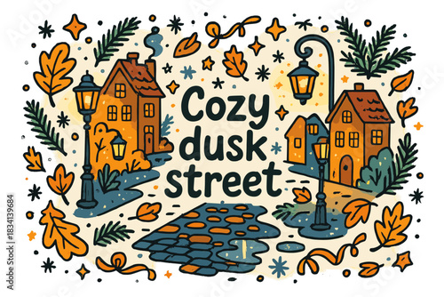 Cozy Dusk Street Doodle. Cozy dusk street. Hand-drawn doodle illustration of Cozy dusk street. glowing