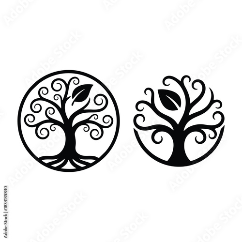 Elegant Tree of Life Vector Logo Set, Stylized Roots and Branches in Circle, Concept for Holistic, Eco, Wellness, Celtic, and Family Design