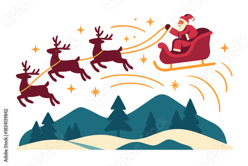 Santa's Night Sky Journey. Santa’s magical journey. Sleigh and reindeer flying over snowy landscape, soft