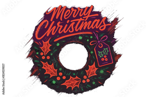 Neon Christmas Wreath. Christmas wreath on a door. neon graffiti lettering, bold spray-paint strokes, glowing