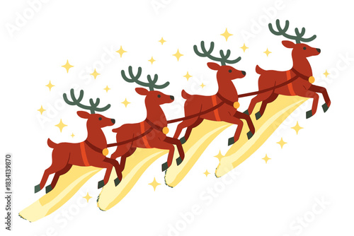 Reindeer Soaring Starlit Sky. Magical reindeer flight. Santa’s team soars through starlit sky, glowing trails