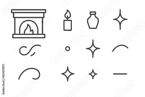 Mantle Decor Icons. Mantle and decor. Line outline icon set of Mantle and decor: fireplace mantle, candle,
