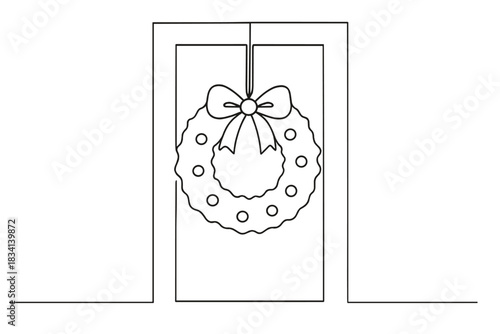 Minimalist Christmas Wreath. Christmas wreath on a door. Minimalistic one-line drawing of a Christmas wreath