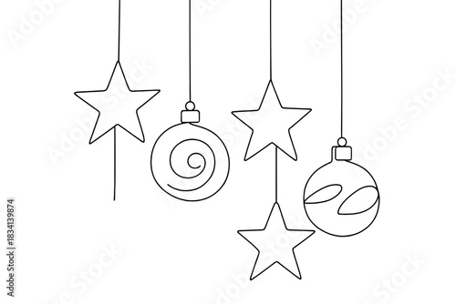 Minimalist Holiday Decor. Crafted holiday decorations. Minimalistic one-line drawing hand-decorated baubles