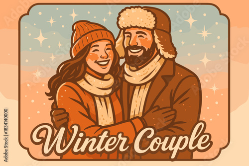 Retro Winter Romance. Winter couple lifestyle shoot. 70s poster vibe, icy pastel gradient, thick outlines,