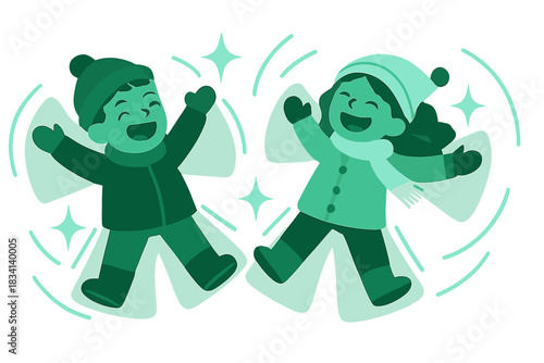 Snow Angel Joy. Holiday snow fun. Children laughing as they create snow angels, floating spark icons and