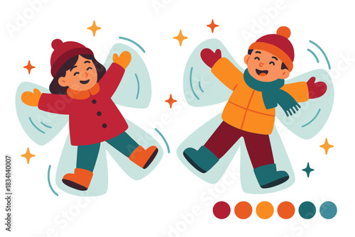 Snowy Backyard Fun. Snowy backyard play. Children in winter clothing making snow angels, floating spark icons