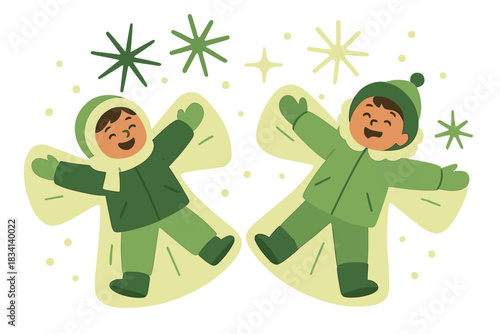 Joyful Snow Angels. Winter snow play. Children dressed in warm coats and mittens create snow angels, abstract
