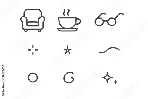 Cozy Reading Icons. Cozy reading elements. Line outline icon set of Cozy reading elements: armchair, teacup,