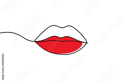 Minimalist Lips Art. Holiday beauty accent. Minimalistic one-line drawing lips with bold red lipstick over