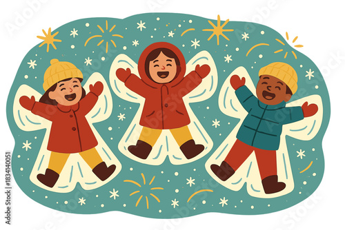 Winter Playtime Joy. Holiday outdoor play. Children creating snow angels in fresh snowfall, floating spark