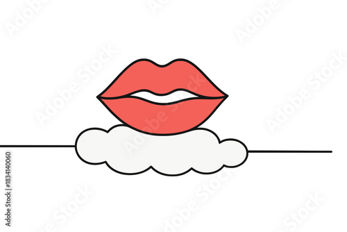 Snowy Lip Art. Snow kissed lips. Minimalistic one-line drawing red lipstick lips above white snow, continuous