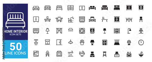 Home interior line icons set furniture collection with bed sofa wardrobe cabinet table chair lamp curtain shower
