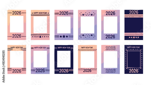 Collection of Happy New Year 2026 photo booth frame templates.