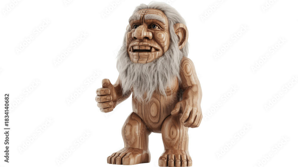 Fototapeta premium A charming wooden troll figurine with white hair and beard, featuring a large nose and ears, giving a friendly thumbs-up gesture. background removed