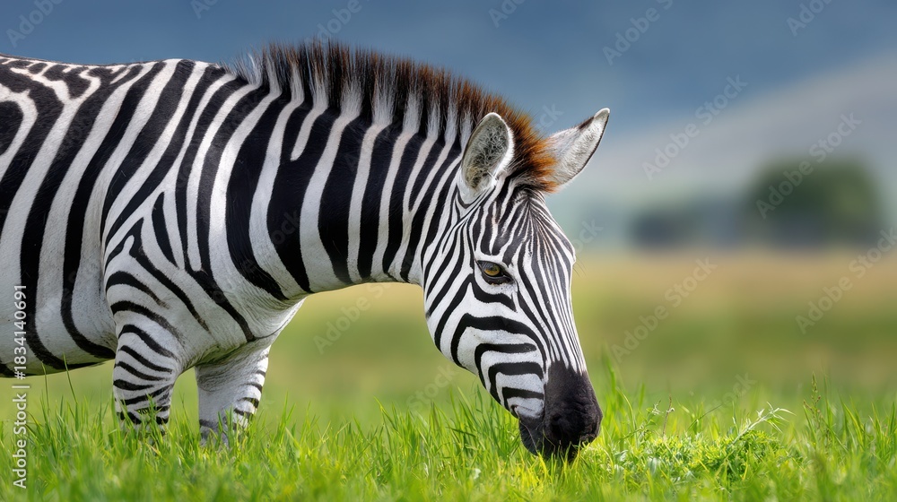 Obraz premium A close-up of a zebra grazing in a lush green field, showcasing its striking black and white stripes against a blurred natural background.