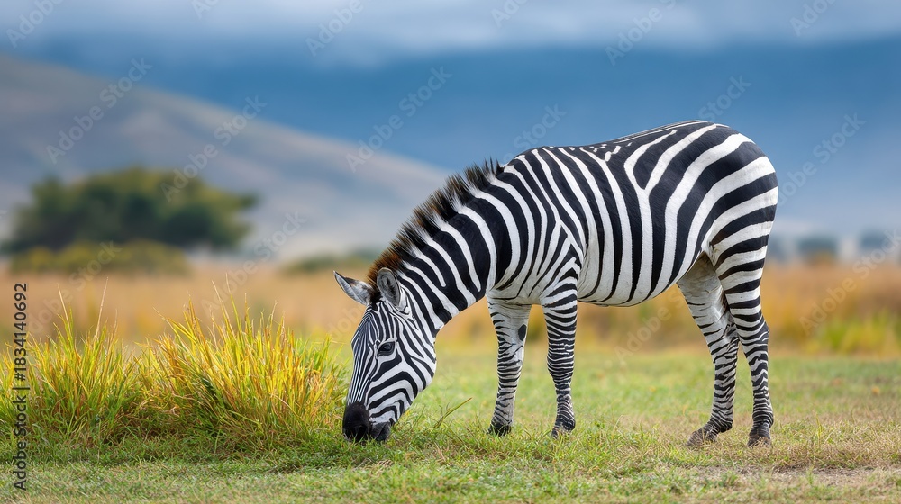 Fototapeta premium A zebra grazes peacefully in a grassy field, showcasing its distinctive black and white stripes against a blurred background of hills.