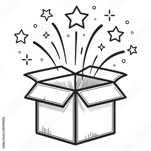 An open box with stars and lines coming out of it in a black and white doodle style illustration