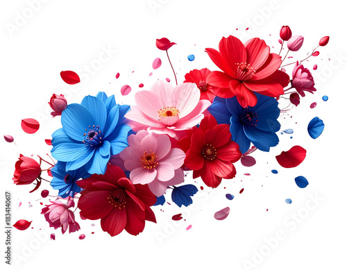 Scattered Blossoms and Falling Petals in Diagonal Motion Flow, Stylized Floral Scene, Isolated