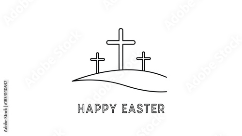 Simple line art illustration of three crosses on a hill with happy easter text