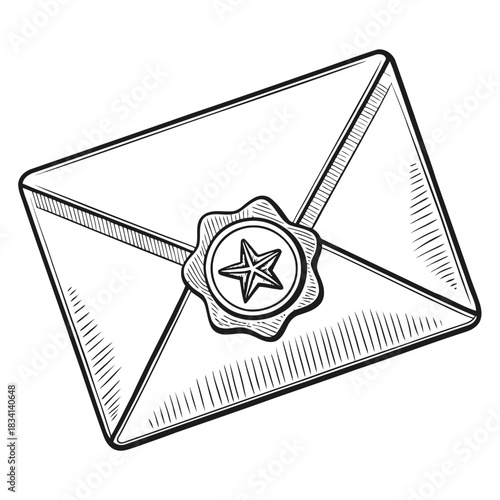 A stylized black and white drawing of a sealed envelope with a star wax seal in the center of the flap