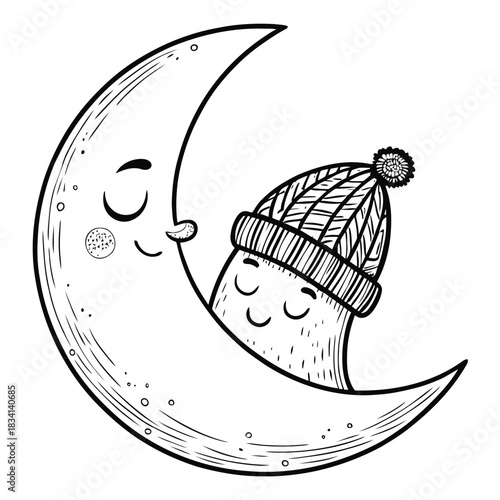 Cartoon moon character hugging a sleeping character wearing a winter hat in black and white line art