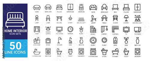 Home interior line icon set with sofa armchair bed pillow wardrobe lamp table and various household items
