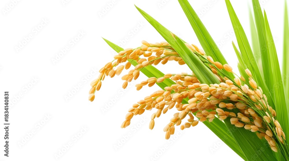 Naklejka premium Close up of mature golden rice ears and fresh green leaves isolated on a white background representing agricultural bounty and growth
