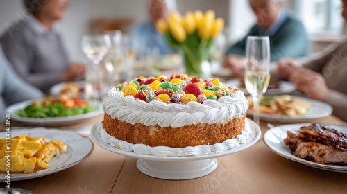 A beautifully decorated cake sits at the center of a festive table surrounded by diverse dishes and cheerful guests, creating a warm, celebratory atmosphere.
