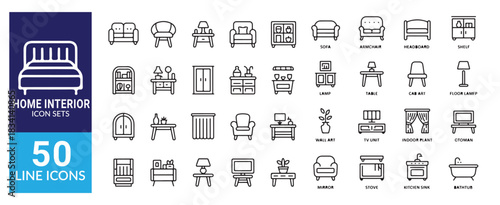Home interior line icon set including sofa armchair headboard shelf lamp table and other residential furniture
