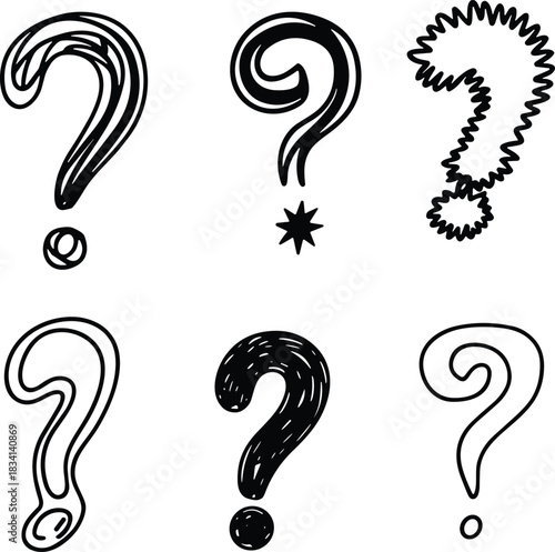 Sketchy question mark doodle set with simple textures and artistic outlines.