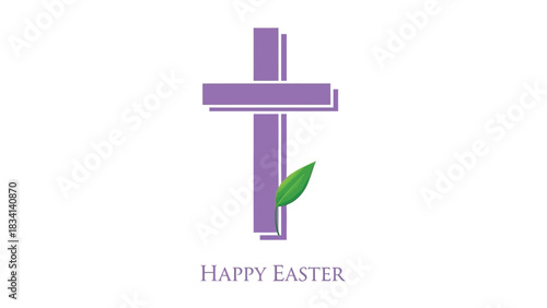 Elegant purple cross with green leaf and happy easter text on white background