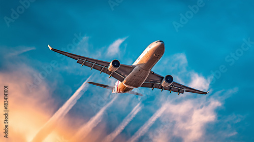 contrail. Airplane ascending into the sky at sunset with white contrails and motion blur effect. inspiring travel planning, mobility guides, designed for mobility and urban transit guides.