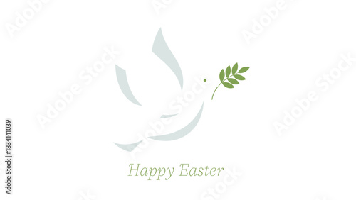 Stylized white dove with green olive branch and happy easter text on white background