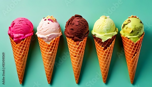 Five ice cream cones, each with a differently colored scoop, aligned on a light blue background