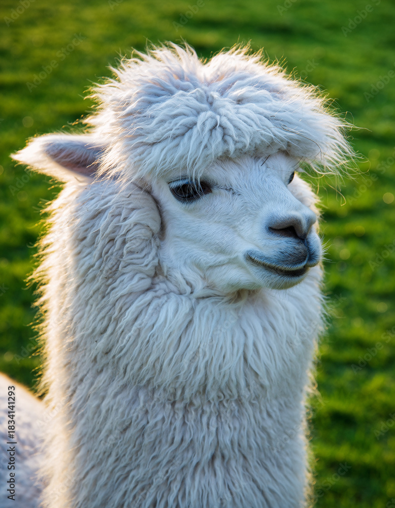 Fototapeta premium Portrait of a fluffy white alpaca against a bright green meadow. Perfect for illustrating innocence, serenity, and connection to nature. Excellent for farm and animal projects.