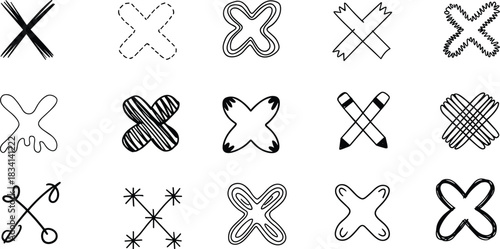 Abstract X-shape doodle set featuring playful patterns and loose line designs.
