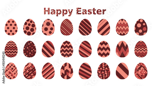 Happy easter greeting with rows of decorative eggs featuring polka dots stripes and geometric patterns