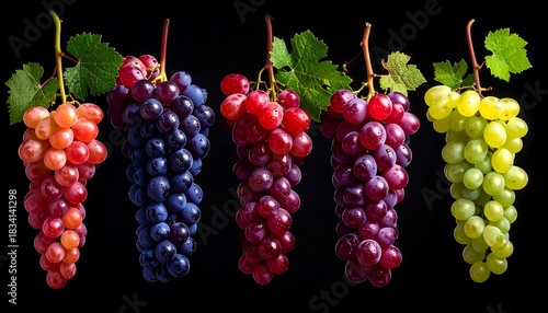 Five grape bunches in shades of red, purple, and green, against a dark background, showing stems and leaves