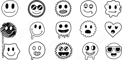 Cartoon emoji face doodle pack featuring playful expressions and sketchy outlines.