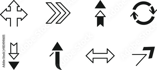 Collection of eight different arrow designs in black and white vector format