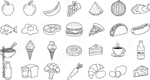 Hand-drawn doodle food icons set. Includes fruits, vegetables, meat, dairy, fast food, desserts, and drinks. Diverse collection of sketch-style meal illustrations for grocery and restaurant.