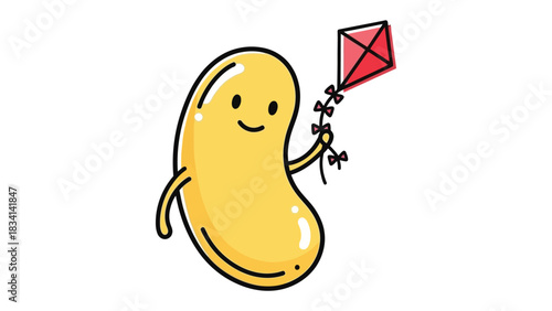 Joyful Bean with Kite: A charming, animated bean figure joyfully soars a vibrant red kite, embodying pure innocence and the delight of play.
