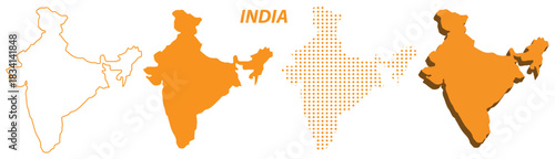 India Map Vector Set, Asia Outline Silhouette Dotted 3D Solid Shapes, South Asia Country Infographic Template, Editable EPS Geography