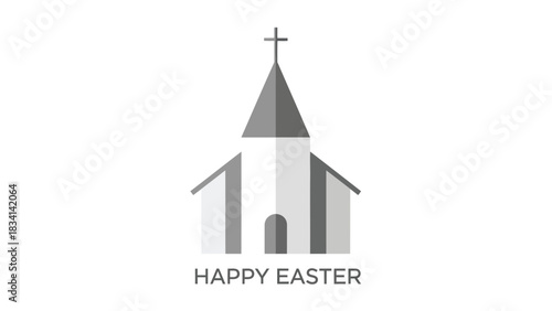 Simple flat design church with cross and happy easter text on white background