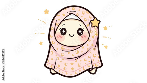 Sweet Reverie: A charming cartoon girl, veiled in a hijab adorned with celestial patterns, radiates happiness. The scene evokes a sense of peace and tranquility.
