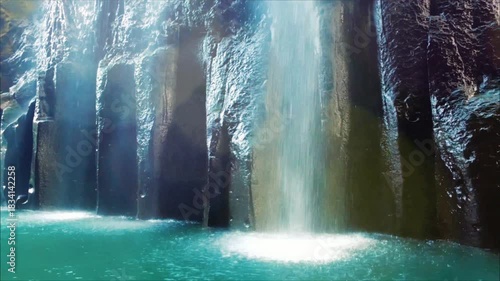 A beautiful waterfall cascades into a serene turquoise pool surrounded by dark, textured rock walls, illuminated by ethereal light.