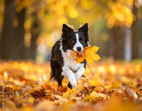 Energetic black and white dog happily runs through a vibrant, autumnal landscape with a bright yellow maple leaf