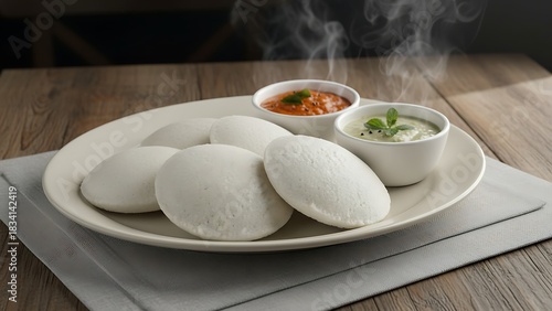 A nice and nutritious South Indian breakfast of idli sambar served with chutney on a white plate 